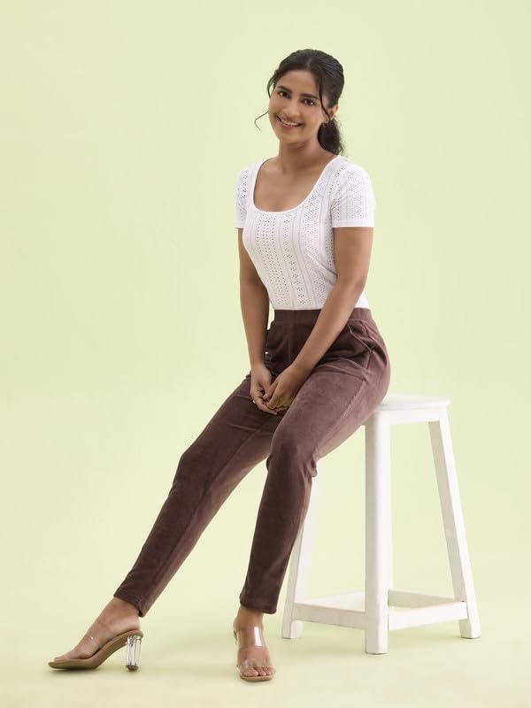 Image of GO COLORS Solid Corduroy Treggings for Women | Warmtech, Mid Rise, Side Pocket