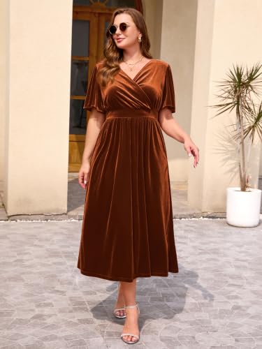 Image of BELAROI Velvet Dress Cocktail Party Plus Size Fall Midi Dresses with Pockets Wrap V Neck Empire Waist Short Sleeve L-4XL