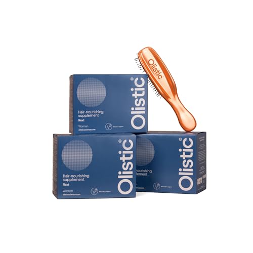 Olistic WOMEN NEXT - Pack de 3 x 28 Ampollas + Cepillo, Suplemento Anticaída Cabello para Mujeres a Partir de 50 Años, Fortalece las Fibras y Ayuda a Prevenir la Caída de Pelo, Natural, Vegano