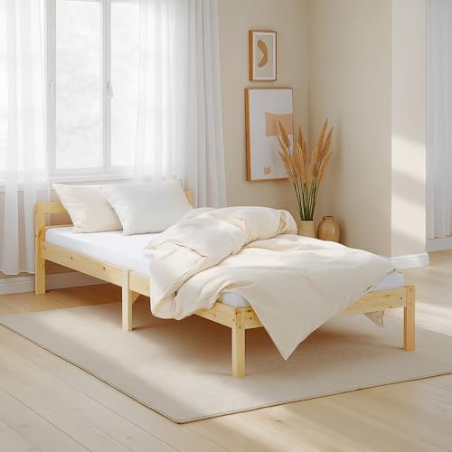 Homestyle4u Holzbett 90x200 mit Lattenrost Kiefer Plattformbett Holz Natur Bettgestell Einzelbett Gästebett Massivholzbett Schlafzimmer | Artikel 888