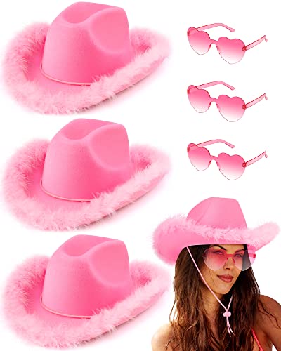 Tarpop 3 Pack Cowgirl Hat with Feather Heart Sunglasses Western Cowboy Hat Set for Bachelorette Party Preppy Costumes Wedding(Pink)