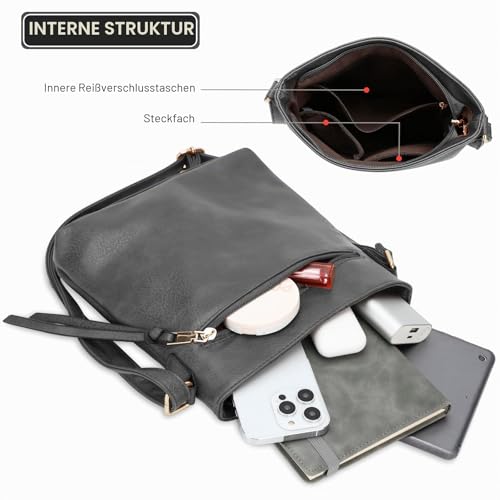 DOB SECHS Umhängetasche aus weichem PU-Leder für Damen, Klein Handtasche mit mehreren Taschen, Crossbody Bag Tasche Schultertasche mit verstellbarer Schultergurt, Grau