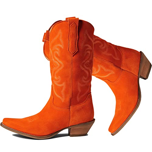 Image of LEHOOR Cowboy Boots Women Embroidered Mid Calf Western Boots Stacked Low Heel Pointed Toe Pull On Cowgirl Boot 4-11 M US