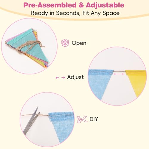 Image of Pastel Pennant Banner Flags - 12 Strings 156ft Colorful Triangle Bunting Burlap for Birthday, Classroom, Graduation, Party, Carnival, Back to School & Outdoor Decorations