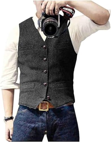 Men's Suit Vests Wool Tweed Vest V Neck Slim Fit Waistcoat Formal Business Retro for Wedding