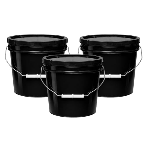 Image of MKS Plastics 2-Gallon Bucket with Airtight Lid - Made in USA, Food Grade BPA Free Plastic, Heavy Duty Multi-Use, Metal Handle with Grip, Stackable Storage - Black, 3 Pack