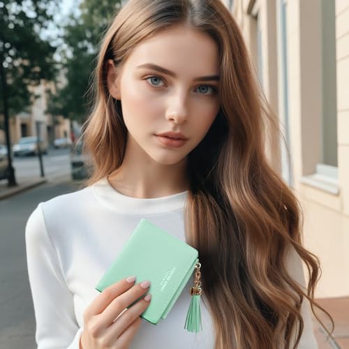 Image of KOTORA Womens Small Wallet Girls Tiny Slim Wallets Pretty Mini Card Holder Thin Short Zip Coin Purse with Love Pendant and Tassels (Green)