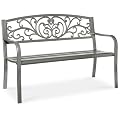 Best Choice Products Outdoor Bench Steel Garden Patio Porch Furniture for Lawn, Park, Deck w/Floral Design Backrest, Slatted Seat - Gray