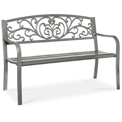 Best Choice Products Outdoor Bench Steel Garden Patio Porch Furniture for Lawn, Park, Deck w/Floral Design Backrest, Slatted Seat - Gray