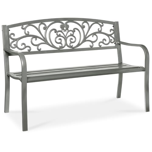 Best Choice Products Outdoor Bench Steel Garden Patio Porch Furniture for Lawn Park Deck wFloral Design Backrest Slatted Seat - Black product thumbnail 11