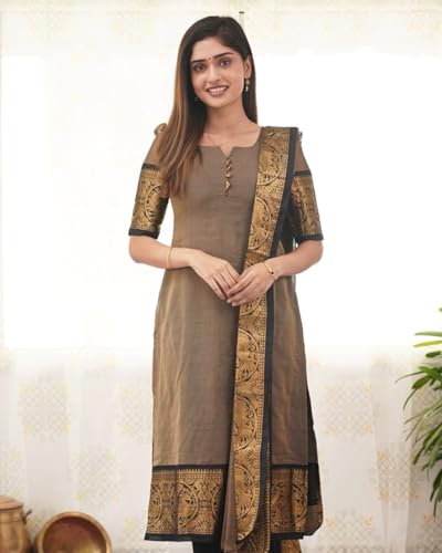 Image of TWINLIGHT Women's Kanchi Cotton Peacock Jaquard Work Kurta and Dupatta Set with V Neck Half Sleeves Straight Calf Length Kurti and Peacock Design Dupatta