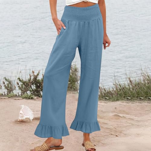 Image of Womens Linen Palazzo Pants Ruffle Hem Drawstring Boho Trousers Beach Travel Vacation Outfits