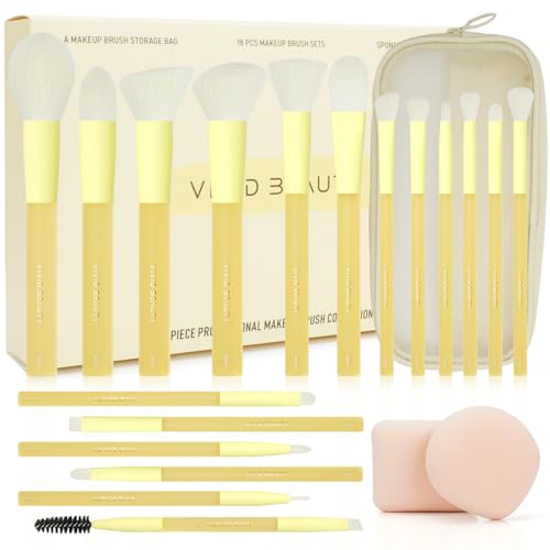 VIVID BEAUTY Juego de 18 brochas de maquillaje coloridas con bolsa de maquillaje de esponja de maquillaje, kit profesional de brochas de maquillaje Kabuki para base, corrector, caja de regalo para los