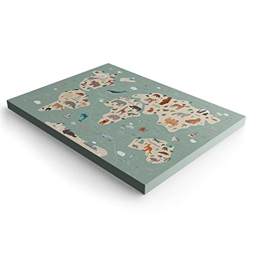 PICANOVA Weltkarte Leinwand Bilder - Premium-Leinwand-Kunstdruck - Bild auf Holzrahmen gespannt als Galerie-Kunstwerk - Kinder Weltkarten Sammlung für wohnzimmer - Süße Tiere - 120x80cm