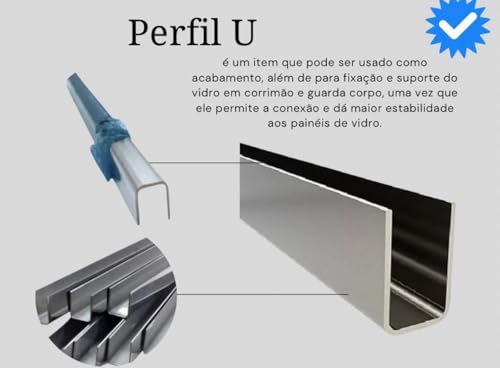 Perfil U P/Vidro de 7mm, 95cm - INOX 304 (Polido)