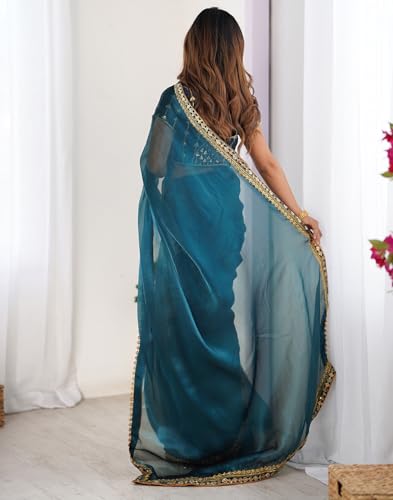 Image of SIRIL Women's Shimmer Chiffon Lace Border Saree With Unstitched Blouse Piece
