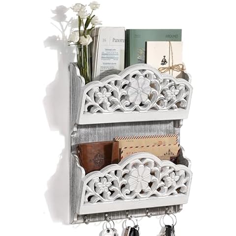JAZUIHA Key and Mail Holder for Wall, 2-Slot Mail Organizer Wall Mount with 5 Key Hooks, Wooden Key Hangers Wall File Organizer Letter Sorter, Key Rack for Entryway and Home Decor,Extra Wide Cover