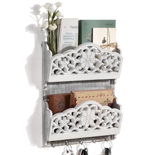 Key and Mail Holder for Wall, 2-Slot Mail Organizer Wall Mount with 5 Key Hooks, Wooden Key Hangers...