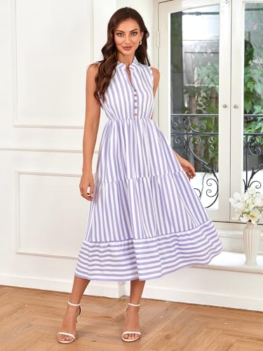 Image of BROVAVE Womens 2026 Summer Sleeveless Shirt Dress Collar Striped V Neck Casual Midi Dresses