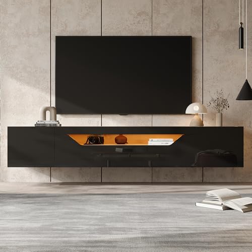 Mueble TV suspendido de madera bicolor con puertas y luces LED modernas 5