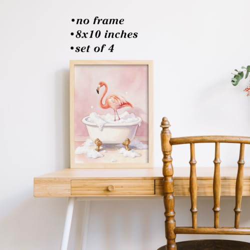 Image of Boat Wades Funny Animal Bathroom Wall Art Prints Set of 4, Flamingo Giraffe Zebra Camel Bathtub Posters Wall Decor for Kids Bathroom Washroom Restroom 8x10 Unframed