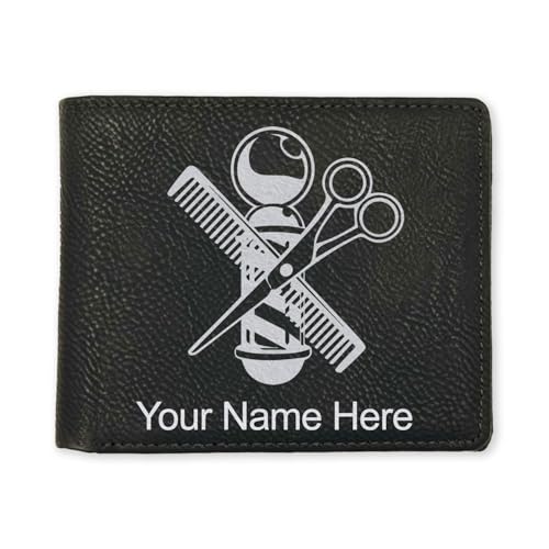 LaserGram Faux Leather Bi-Fold Wallet, Barber Shop Pole, Personalized Engraving Included (Black with Silver)