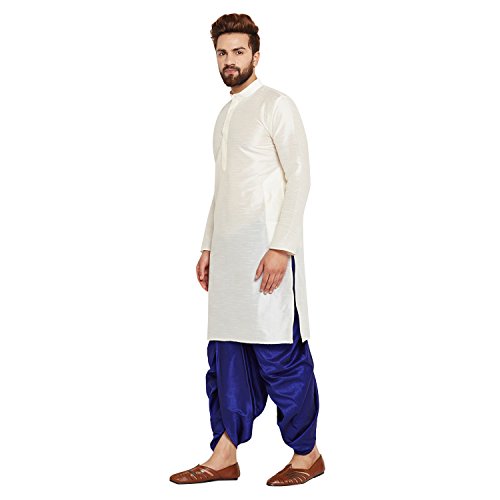 Image of SOJANYA (Since 1958 Men's Off-White and Gold Dupion Silk Dhoti Kurta Set