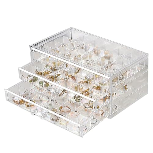 LOARNIEA Earring Organizer Box Acrylic Stackable Jewelry Organizer with 3 Drawers 72 Small Compartments Clear Jewelry Display Stand for Stud Earring Ring Pin Display (Transparent)