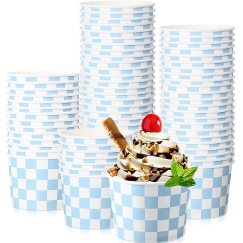 Image of Zopeal 50 Count Light Blue Checkered Ice Cream Cups Disposable Race Car
