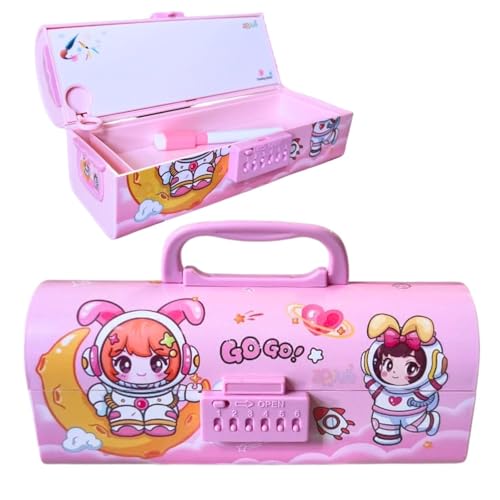 Image of WORSHIPER Cartoon Theme Pencil Box for Kids | Suitcase Style Password Lock Stationery Organizer | Multi-Layer Pen & Pencil Case for Boys & Girls (NEW GOGO Pink Box)