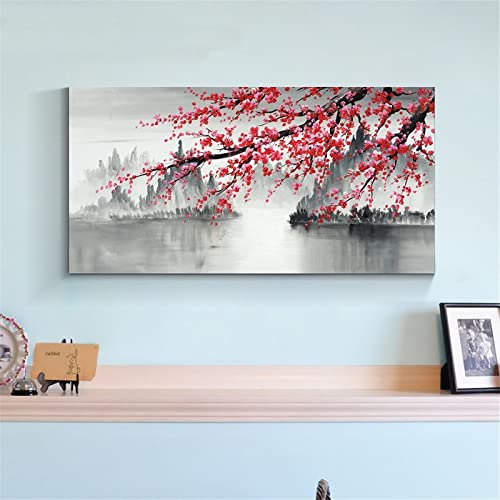 Handmade Traditional Chinese Painting Pink Plum Blossom Canvas Wall Art Modern Black And White Lands Canvas Painting Posters And Prints Wall Art Pictures For Living Room Bedroom Decor 12X24Inch(30X60 #TOP3