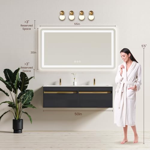 Image of 55 inch x 30 inch Led Bathroom Mirror with Lights, Anti-Fog & Tri-Color Lighting - Wall Mounted Shaving Mirror with Touch Sensor, Waterproof & Smart LED Vanity Mirror,Tempered Glass, Dimmable Smart Mirror