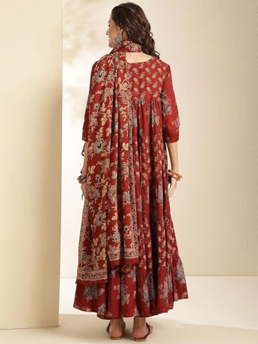 Image of ANNI Designer Viscose Blend Kurta for Women | Kurti Set Woman | Anarkali Kurta with Pant & Dupatta | Black Floral Hand Block Printed Suit | Ethnic Indian Outfit Party Office Traditional Fashion Wear