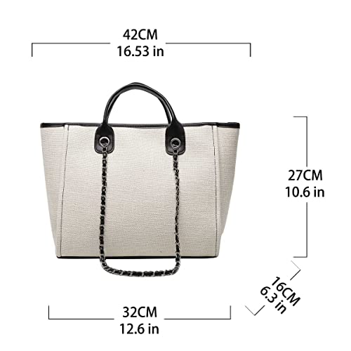 Women's canvas shoulder bag, large capacity handbag, single shoulder bag, handbag with chain (White)2