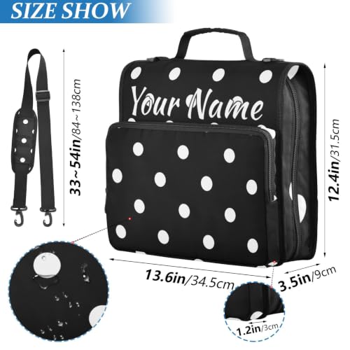 Image of Custom 3 Ring Zipper Binder Black White Polka Dots Personalized Name 1.5 Inch Binders Large Capacity Multi Pockets for School Office Supplies