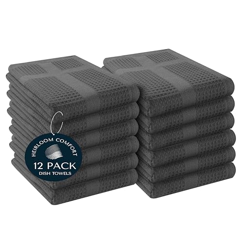 HEIRLOOM COMFORT 100% Cotton Kitchen Towels, 40x66 cm, 12 Pack, Waffle Weave, Absorbent, Rapid Drying Dishcloth Set for Cleaning, Hand Towels, Dish Rags, Wash Cloth, Sturdy, Machine Washable, Grey