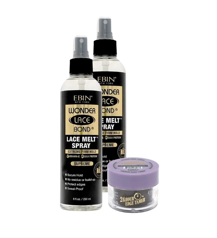 Ebin Melting Spray - 2x Wonder Lace Bond Melt Spray (8oz) bundle with 1x 24 Hour Edge Tamer Seamless Wig Lace Melt with Extreme Firm Hold (1.01oz) Edge Control for All Hair Types Gift Set (3 Items)