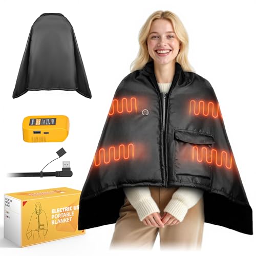 Cordless Heated Blanket – Portable Battery Operated Throw for DeWALT 20V Battery or power Bank,S Rapid Heating,Waterproof,Electric Wearable Heated Shawl for Home,Office,Travel,Camping(NO Battery)