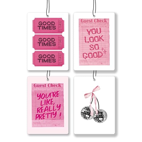 Image of Preppy Pink Lavender Car Air Freshener, Funky Disco Ball Cherry Good Times Guest Check Hanging Air Freshener 4 Pcs for Cars Closet Drawer Books, Pink Car Accessories Mirror Decor for Women