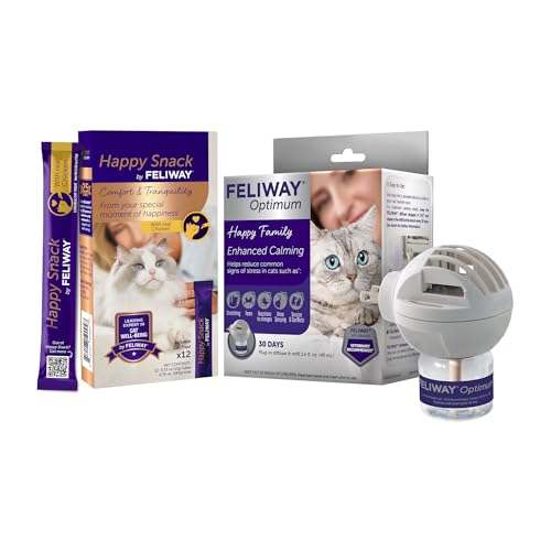 FELIWAY Optimum 30 Day Cat Calming Pheromone Diffuser Kit & Happy Snack by FELIWAY, a Delicious lickable PurÃ©e (12-ct Chicken Flavor)