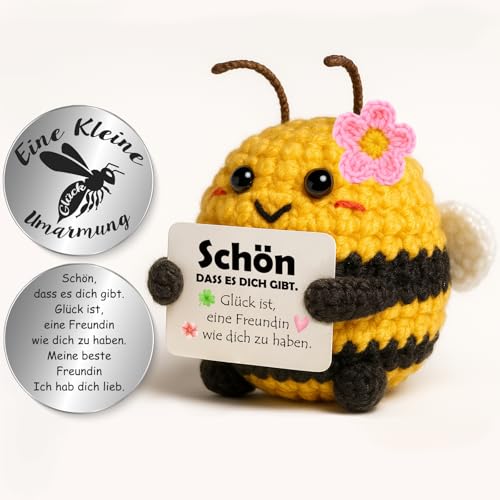 Tixlux Pocket Hug Fröhliche Biene, Freundschafts Glücksbringer, Handgemachte Strick-Bienen Dekofigur mit Kleiner Umarmung, Mutmacher & Freundschaftsgeschenk für Freundin, Beste Freundin, Einschulung