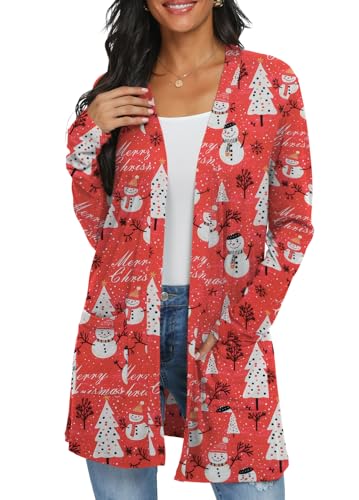 QIXING Womens Lightweight Long Cardigan with Pockets,Snowman Xmas Tree,2XL