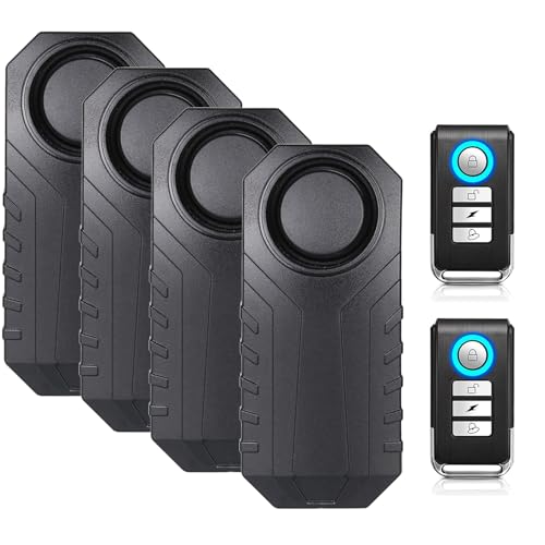 Mengshen 113dB Lauter Fahrradalarm Drahtloser Vibrations Bewegungssensor Wasserdichter Fahrradalarm mit Fernalarmanlage für Fahrrad Ebike Scooter Auto (4 Sensoren mit 2 Fernbedienungen)
