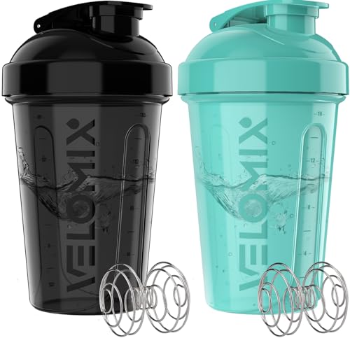 Image of VELOMIX -2 Pack- 20 oz Protein Shaker Bottles for Protein Mixes - 2x Wire Whisk | Leak Proof Shaker Cups for Protein Shakes and Pre Workout | Protein Shaker Bottle Pack (Black/Torquoise)