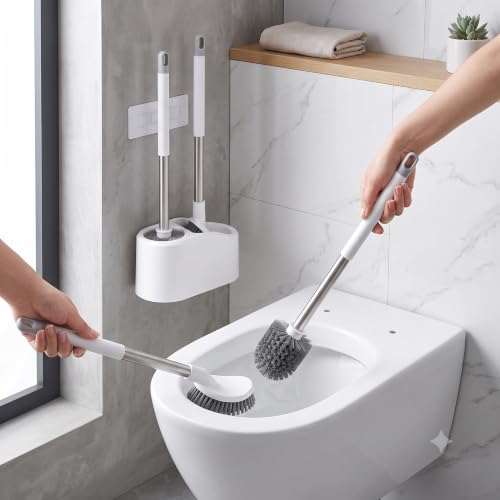 Image of Vasukie Silicone Toilet Brush and Holder Set, with a Extra Crevice Cleaning Brush Deep Cleaning Toilet Bowl Brush for Bathroom Toilet Brushes for Bathroom Wall Mounted Water Drop (2IN1 White)