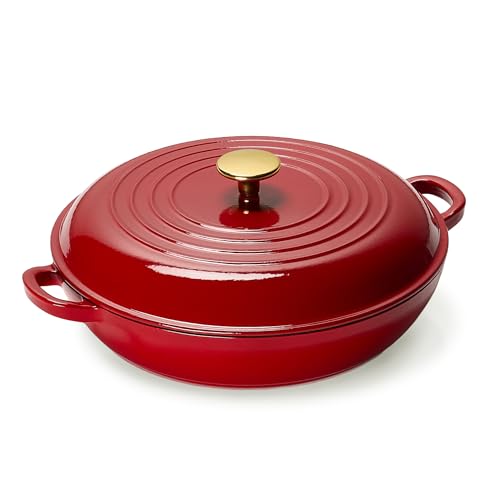 Image of CAROTE 3.4QT Enameled Cast Iron Braiser Pan, Shallow Dutch Oven Casserole Skillets, Non-Toxic Cast Iron Pot with Lid for Grilling, Searing, Baking, Dual Handles, All Stovetop Compatible, Red