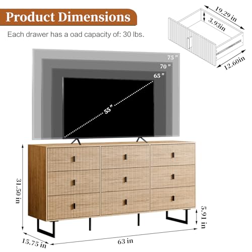 Modern Chest of Drawers with 9 Drawers,Deep Drawers,Clothes Organizer,Large Storage Cabinet for Living Room, Bedroom,Hallway,with Anti-Tipping Device, Oak - Image 2