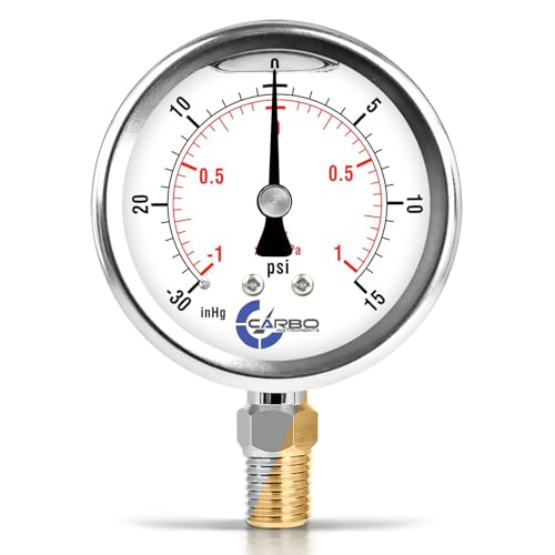 Image of Compound Pressure Gauge -30 inHg to 15 PSI, Liquid Filled, 2.5 inch Dial, 1 /4 NPT Lower Mount, 304 Stainless Steel Case, Brass Wetted Parts, PSI /inHg - ASME B40.1 Grade A