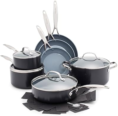GreenPan Valencia Pro Batería de Cocina de 11 Piezas de Cerámica Sana Antiadherente Anodizada Dura, Incluye Sartenes, Sartén Honda, Cazos, Tapas, Sin PFAS,Inducción,Apto para Lavavajillas y Horno,Gris