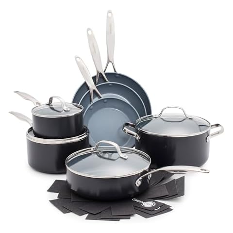 GreenPan Valencia Pro Hard Anodized 11 Piece Cookware Pots and Pans Set, Ceramic Nonstick PFAS-Free PFOA-Free Coating, Induction, Durable Frying Pans, Saucepans, Lids, Dishwasher & Oven Safe, Gray Cover
